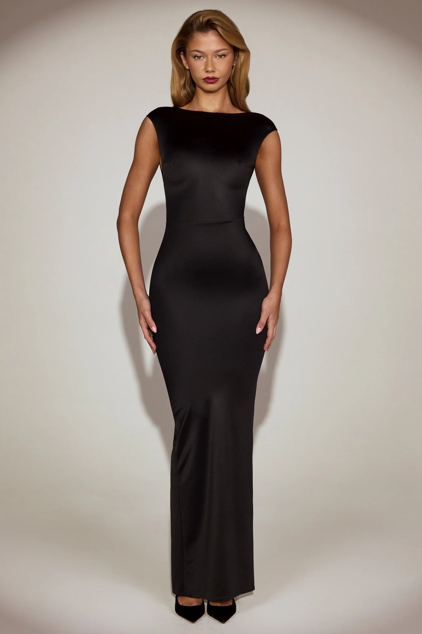 Satin Boat-Neck Twist-Back Maxi Dress in Black