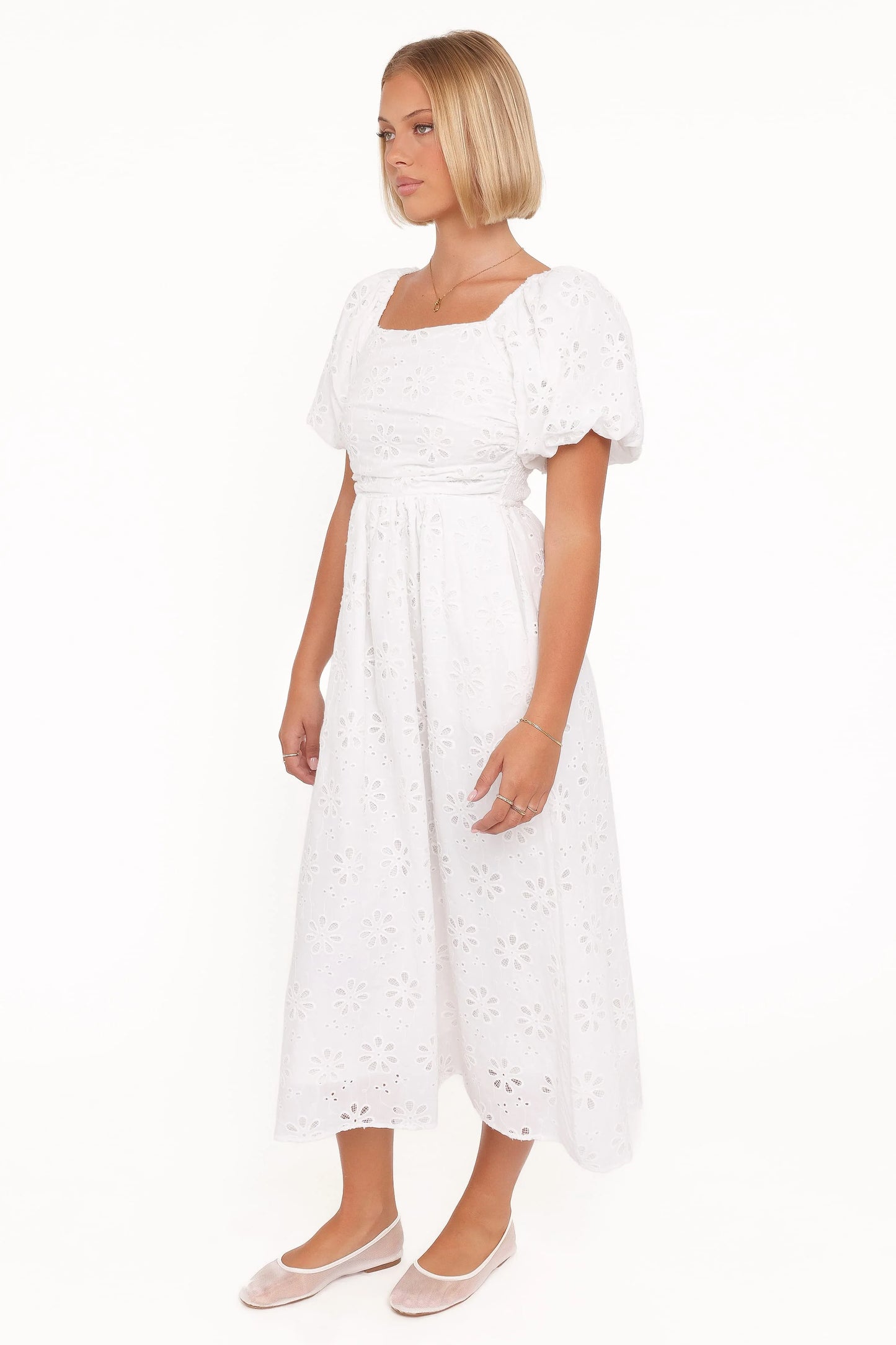 Clo Puff Sleeve Midi Dress - White Broderie