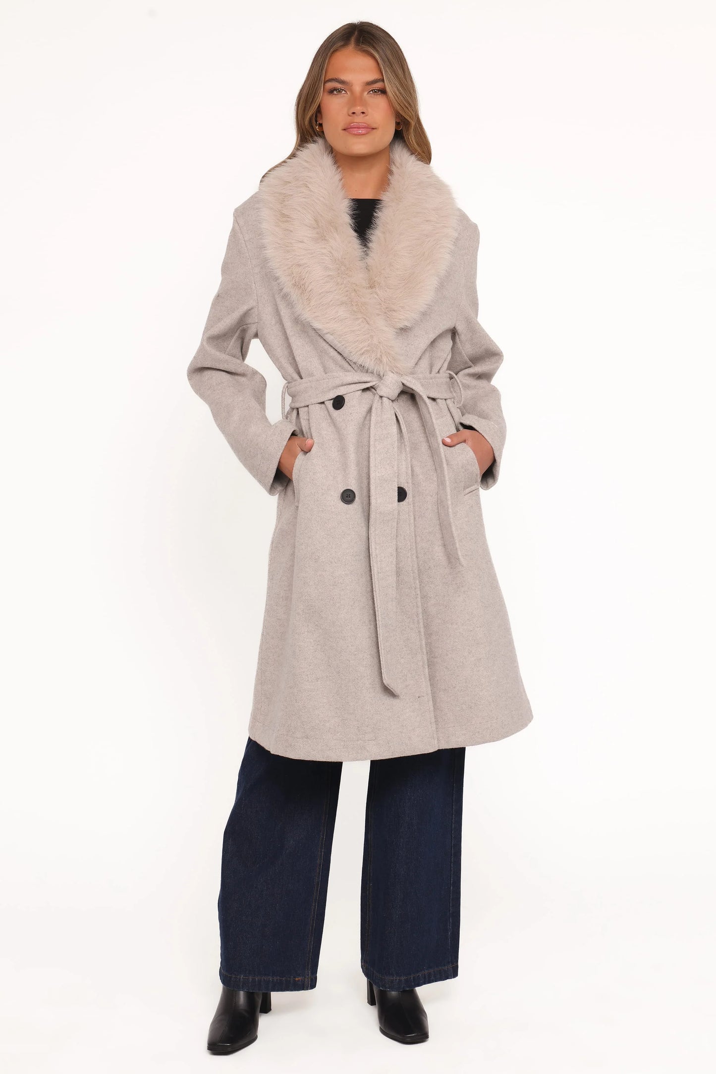 Nina Fur Collar Tie Waist Coat - Cream
