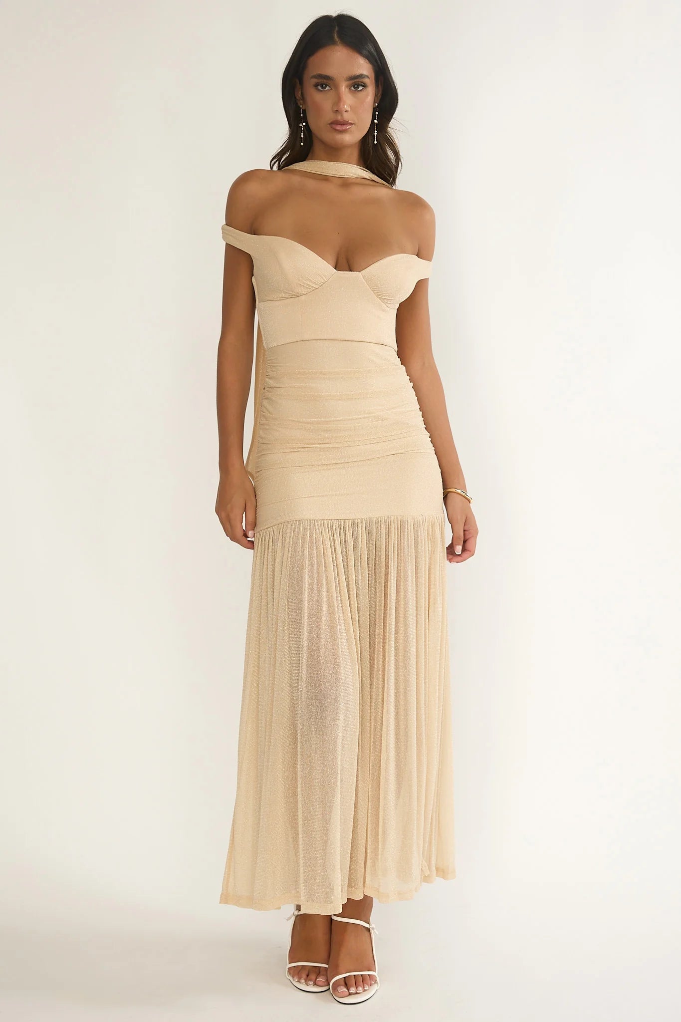 Delora Off-Shoulder Scarf Maxi Dress Beige