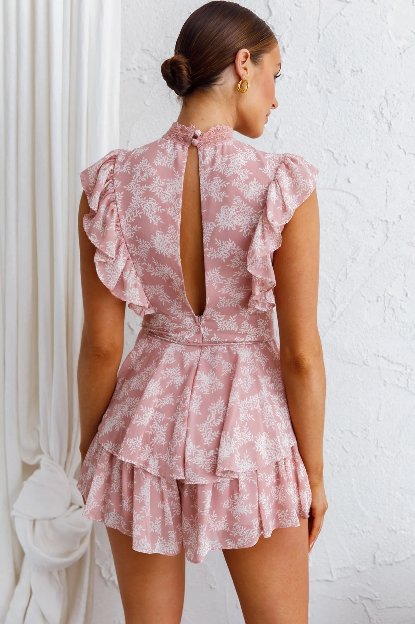 Nellie Lace Bust High Neck Romper Floral Blush