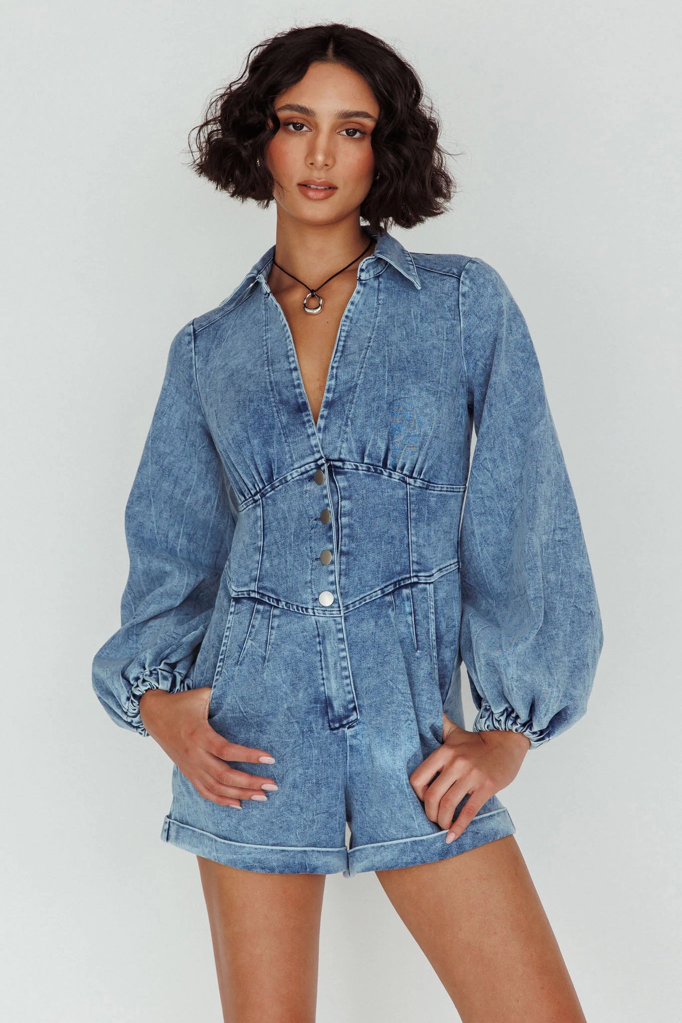 South Beach Long Sleeve Collared Romper Denim