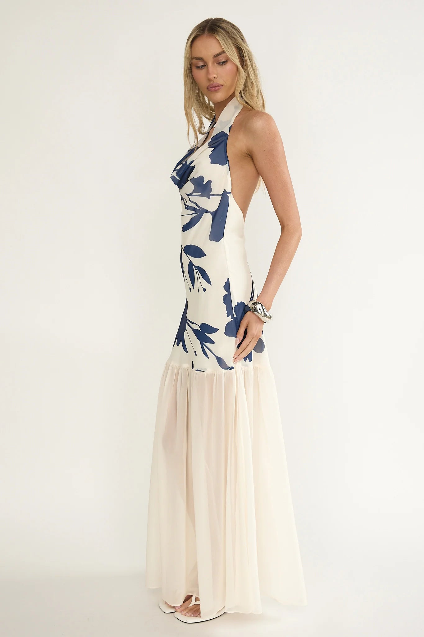 Omaria Cowl Halter Maxi Dress Floral Beige