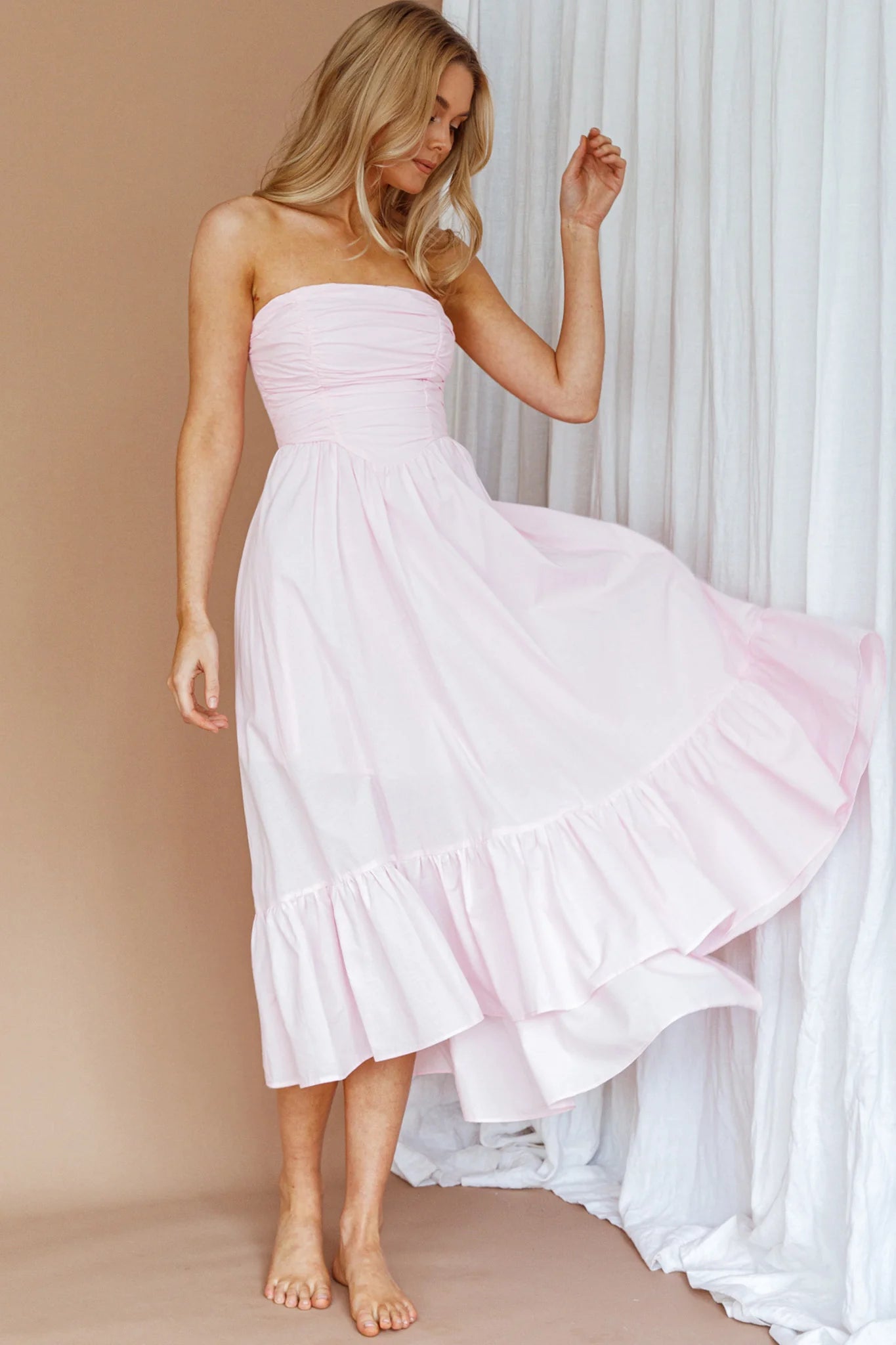 Sunday Mornings Ruched Bust Midi Dress Pink