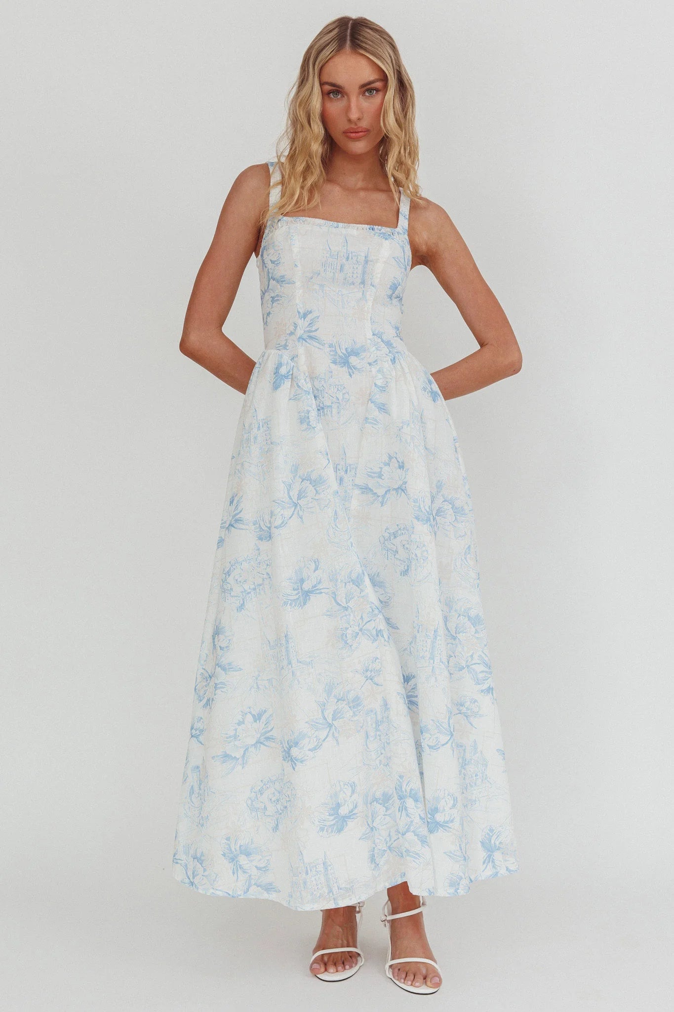El Corazon Smocked Neckline Maxi Dress Print Blue