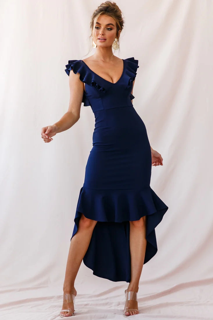 Pearl Ruffle Strap High-Low Hem Dress Navy