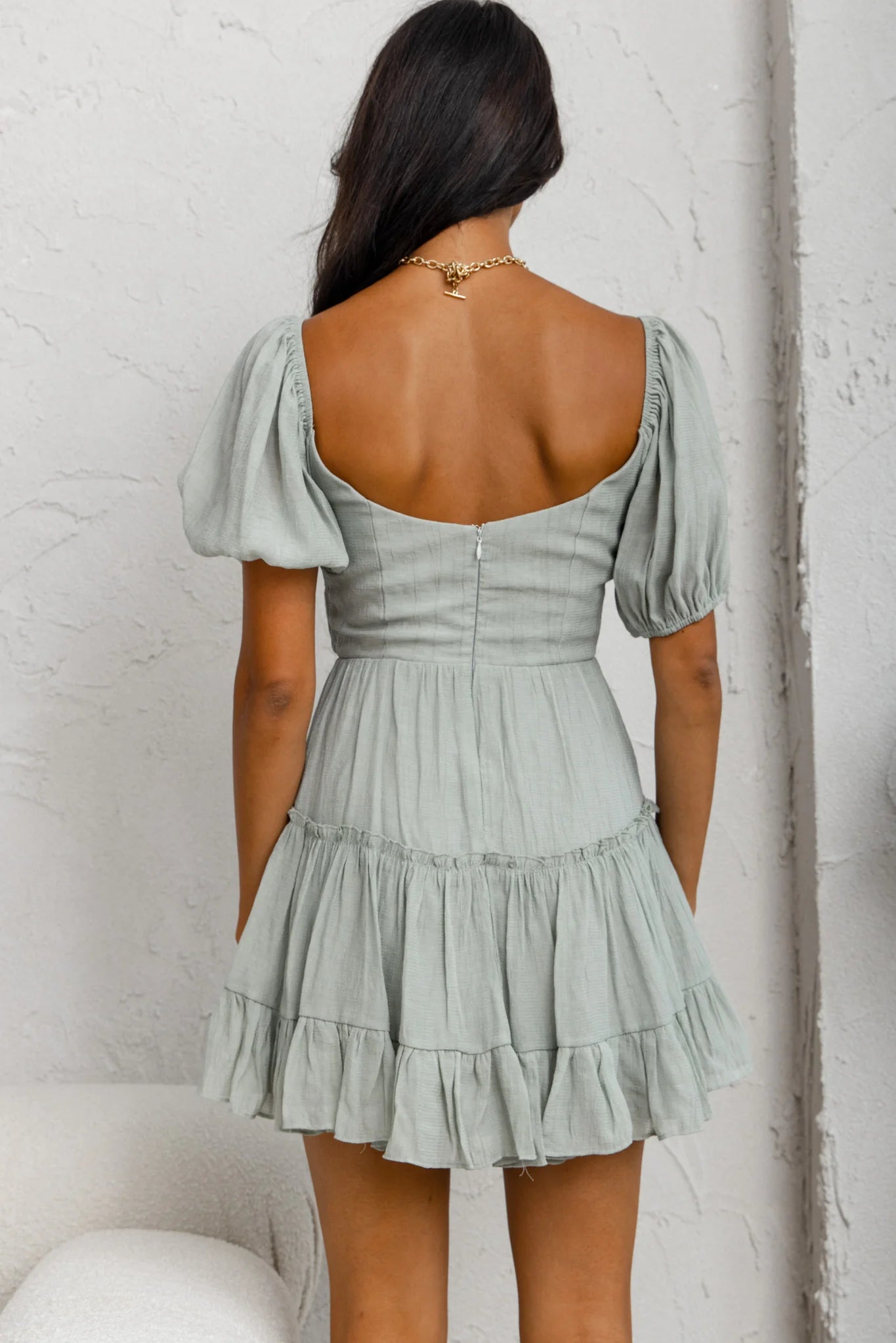 Camille Gathered Bodice Puff Sleeve Flounce Hem Mini Dress Sage