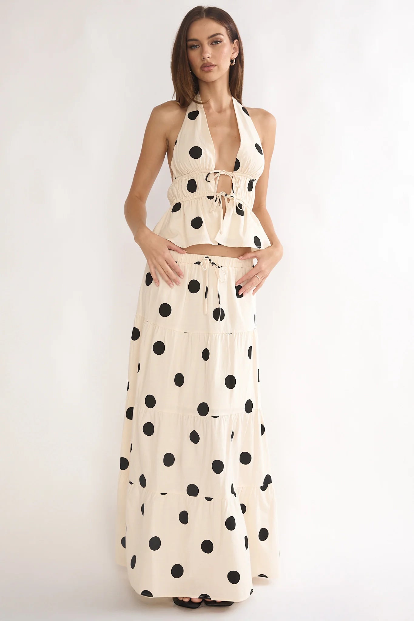 Under The Moons A-Line Maxi Skirt Polka Dot Beige