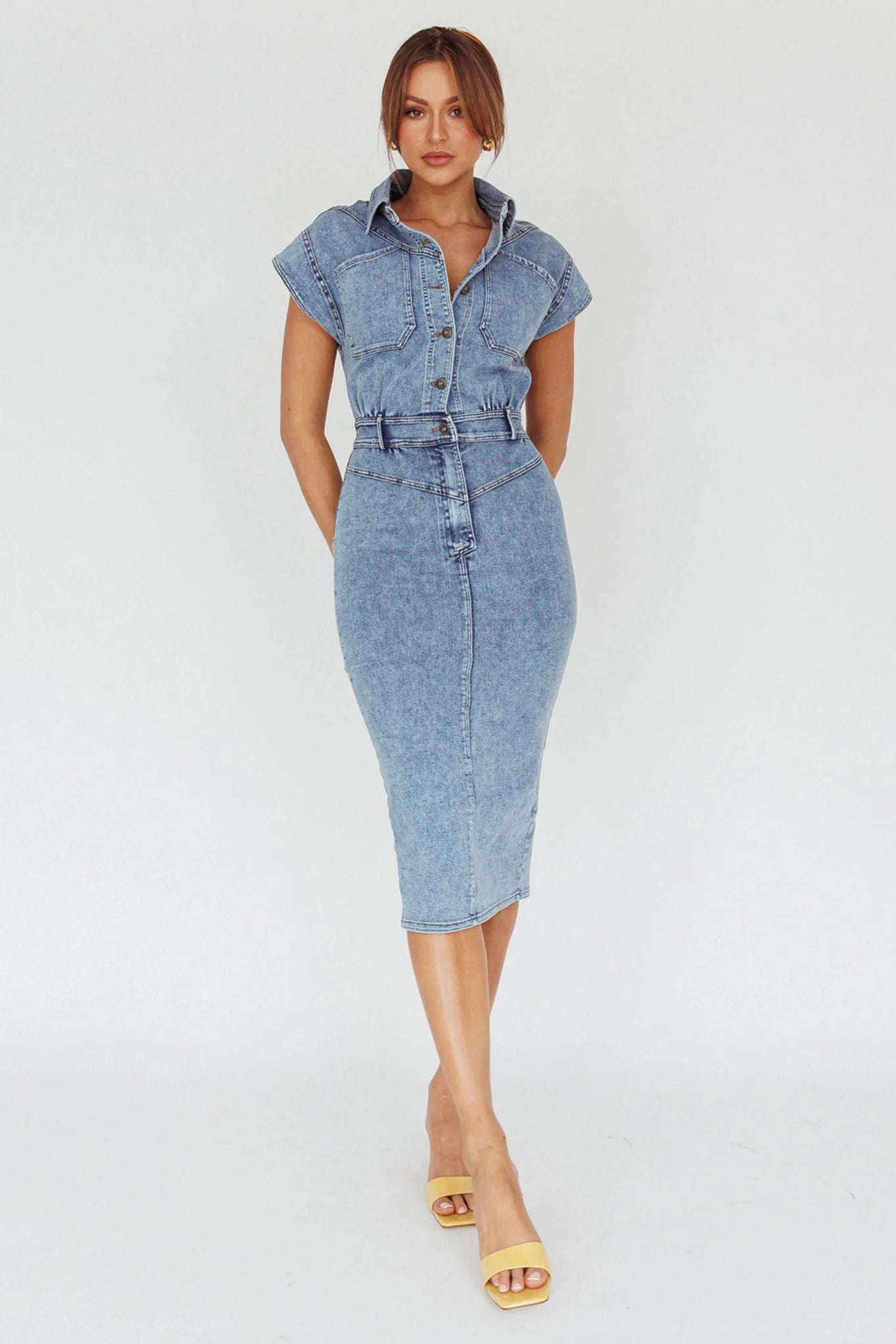 New Day Short Sleeve Button-Up Midi Dress Denim