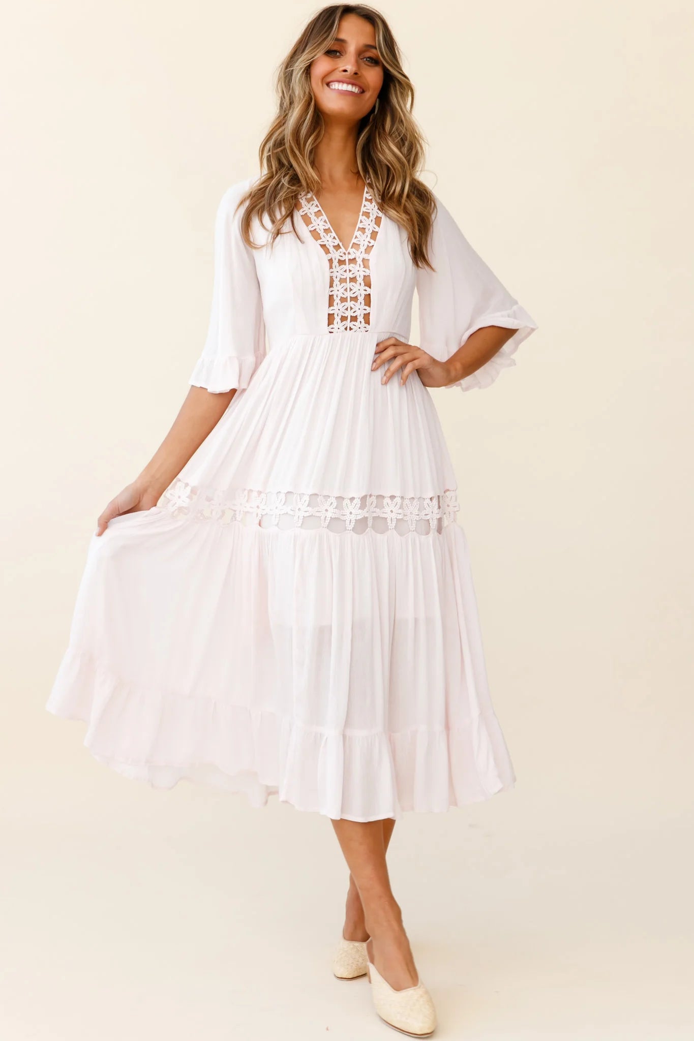 Feeling Groovy Bell Sleeve Crochet Trim Maxi Dress Pink