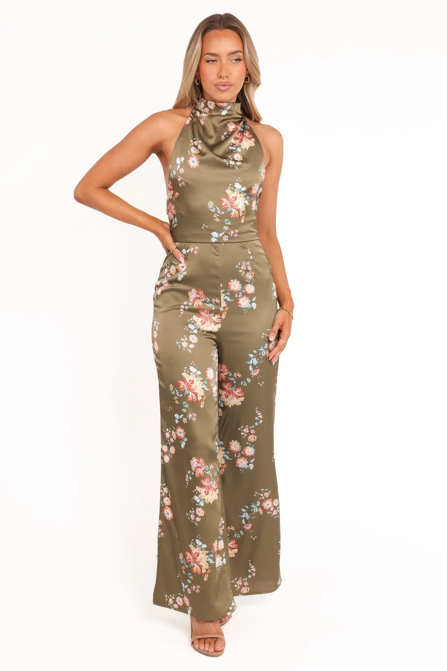 Holly Halterneck Jumpsuit - Olive Floral