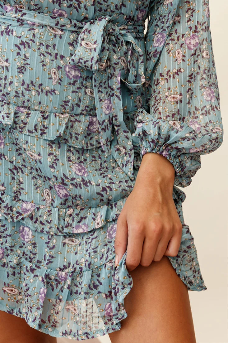 Dusk Long Sleeve Waist Tie Frill Dress Floral Print Midnight Blue