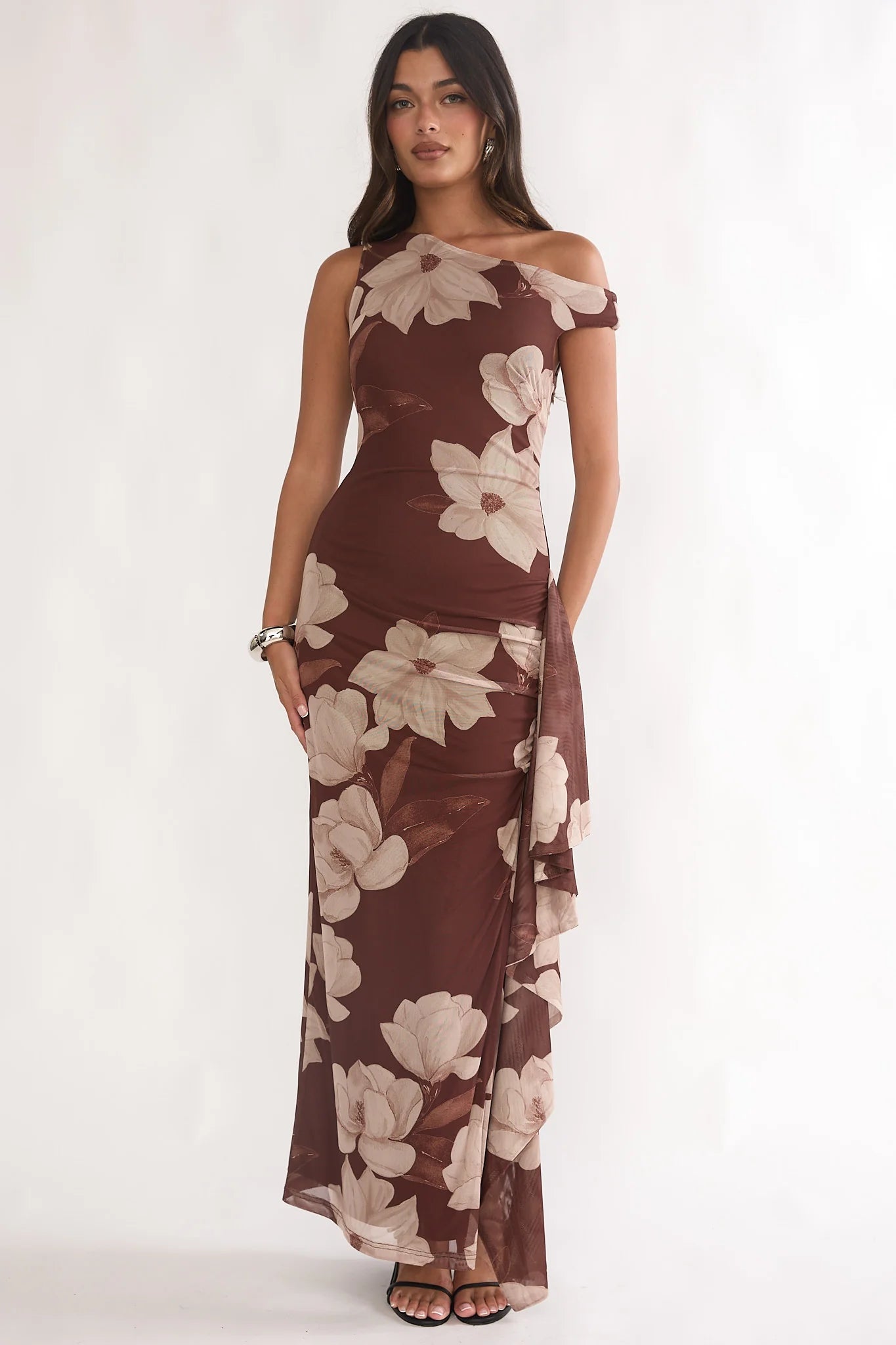 Raphaella Asymmetric Neckline Split Maxi Dress Magnolia Brown