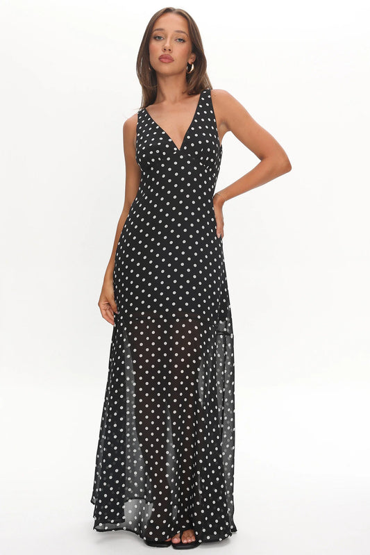 Rosewood V-Neckline Maxi Dress Polka Dot Black