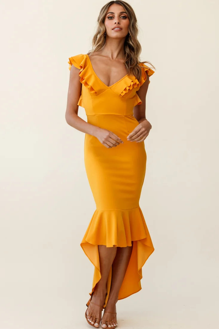 Pearl Ruffle Strap High-Low Hem Dress Mustard