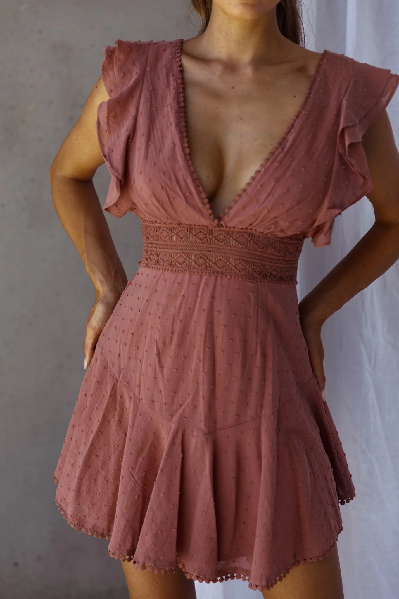 Idyllwild Ruffle Shoulder Mini Dress Rose