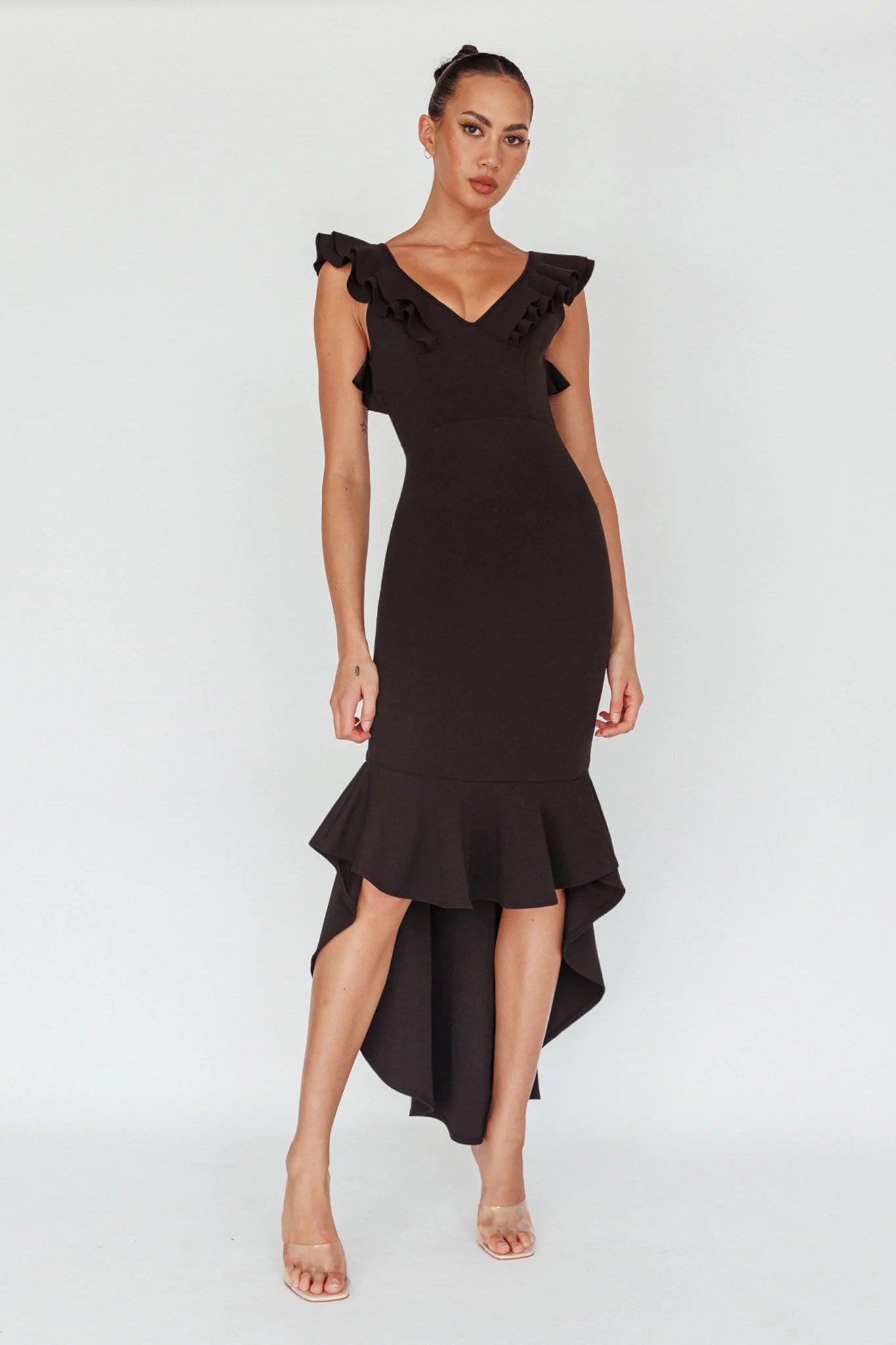 Pearl Ruffle Strap High-Low Hem Dress Black