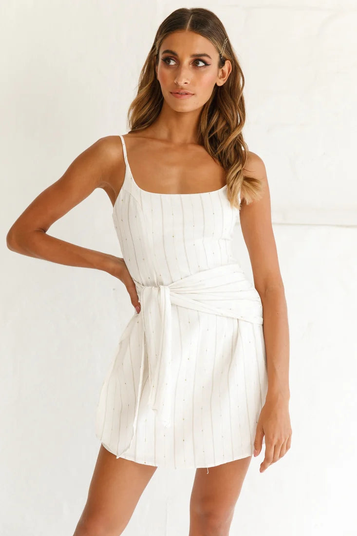 Echo Rounded Neckline Tied Sash Dress White
