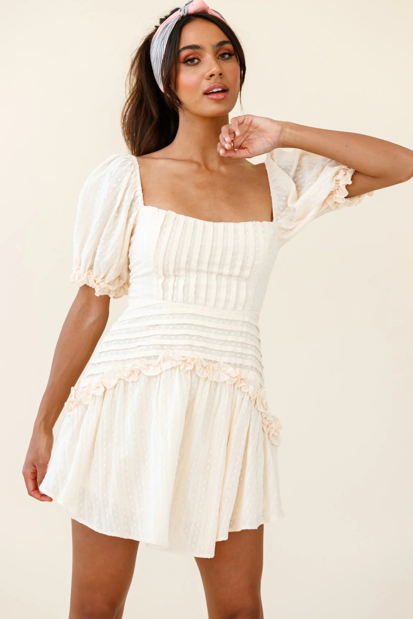 Sunshine Lane Milkmaid Sleeve Lace-up Back Dress Beige