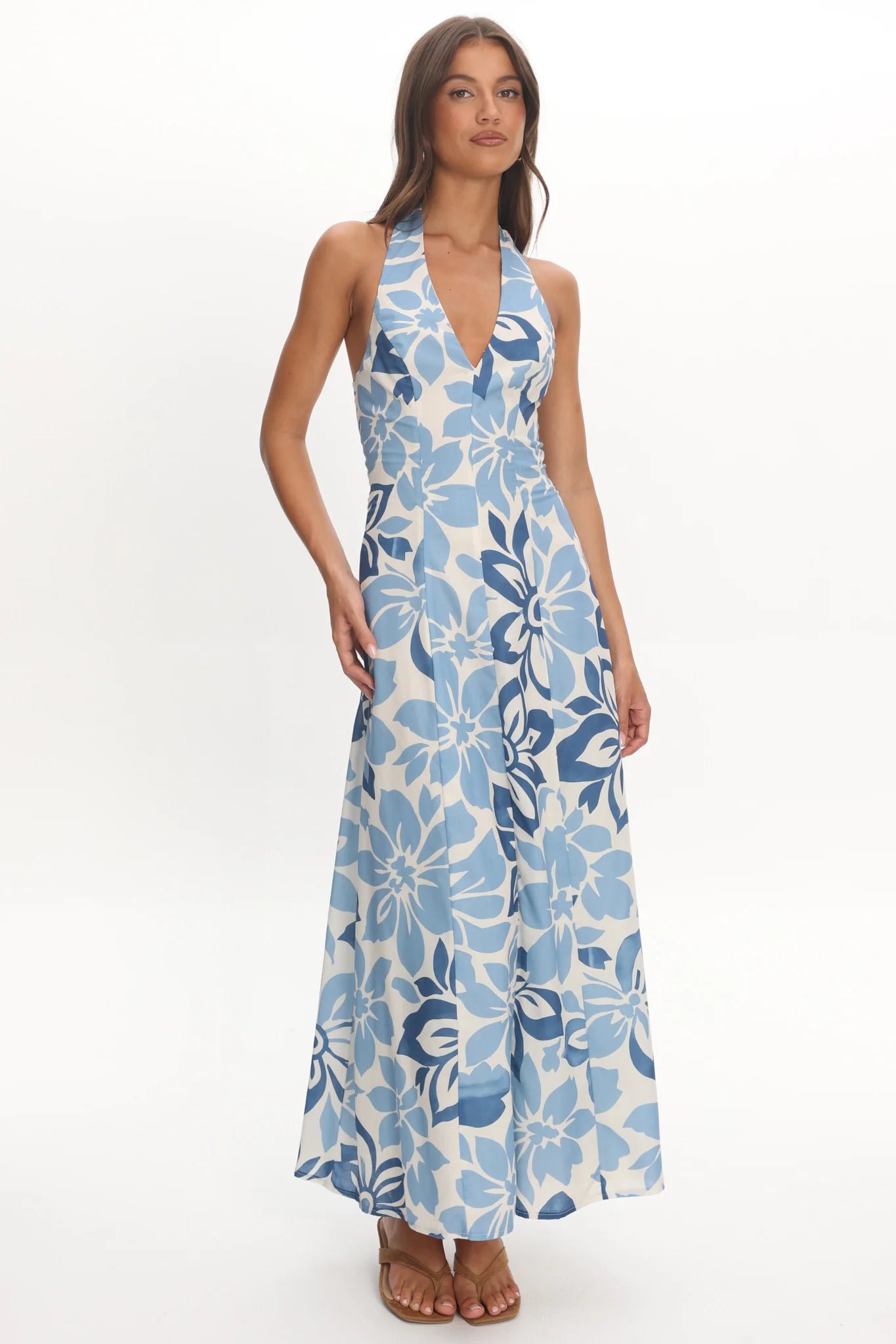 Exhilaration Halterneck Maxi Dress Floral Blue