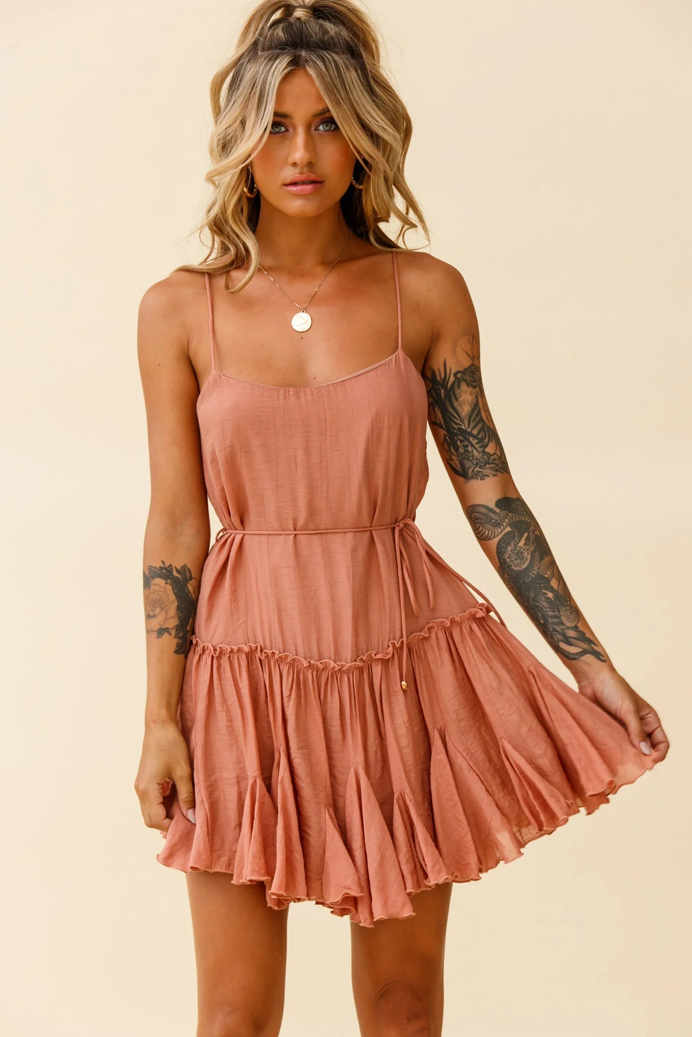 Rosabel Spaghetti Strap Fluted Hem Dress Rose