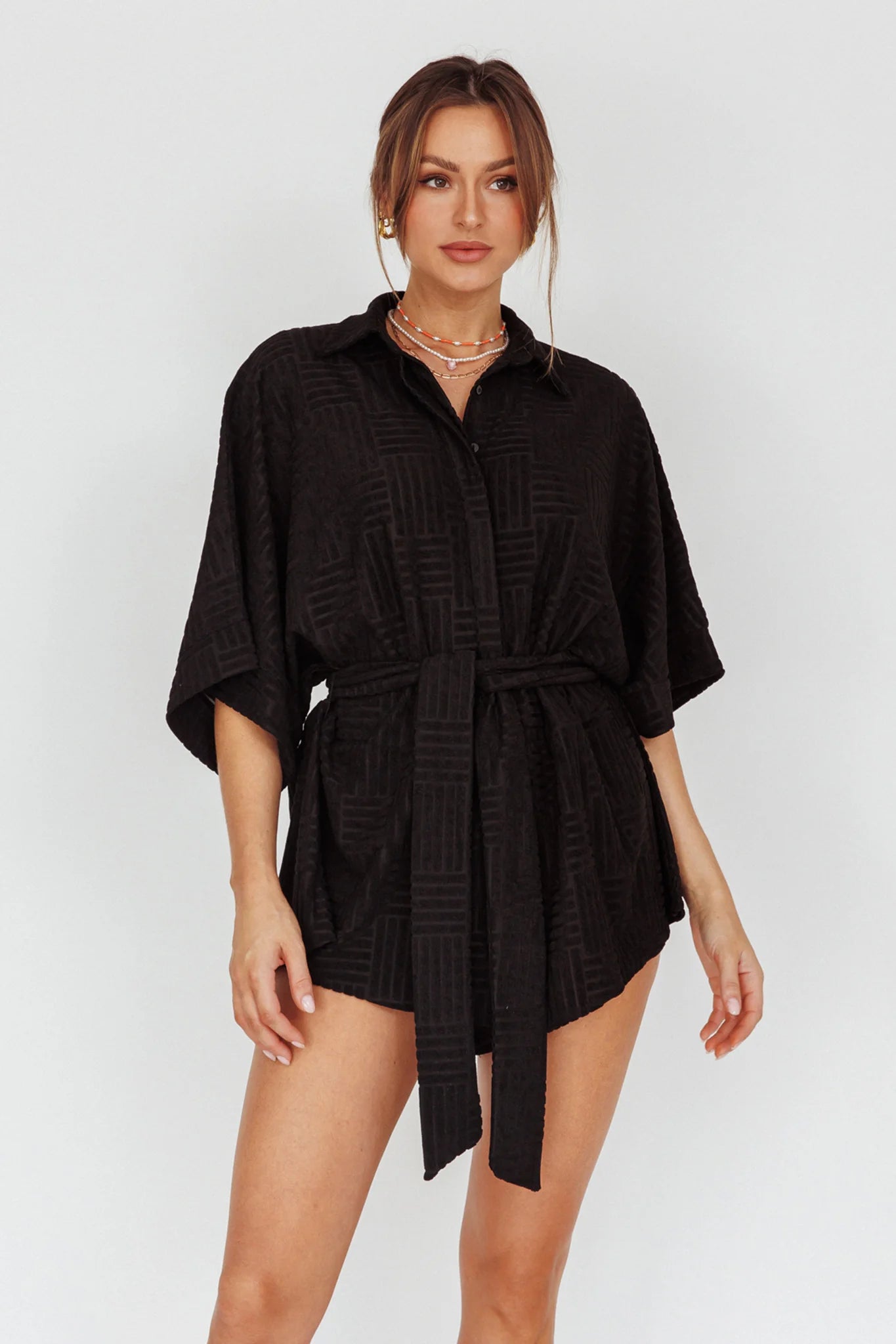Daytona Beach Button-Up Romper Textured Black