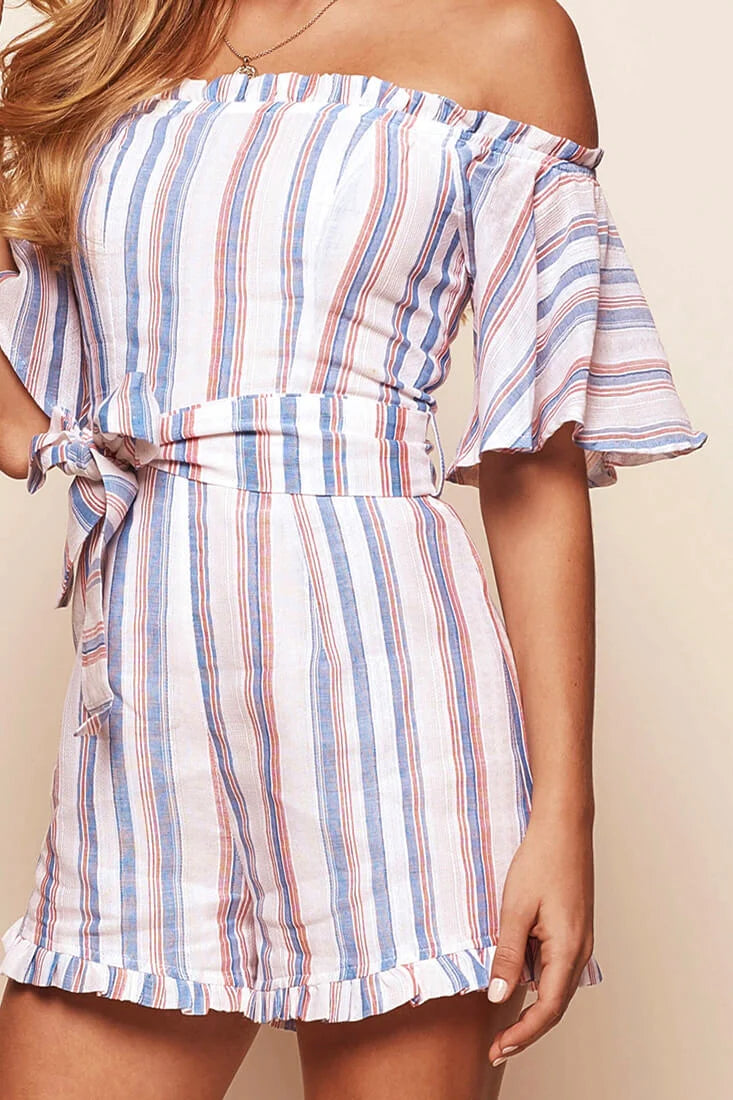 Terri Bardot Neckline Waist Tie Romper Blue/Orange