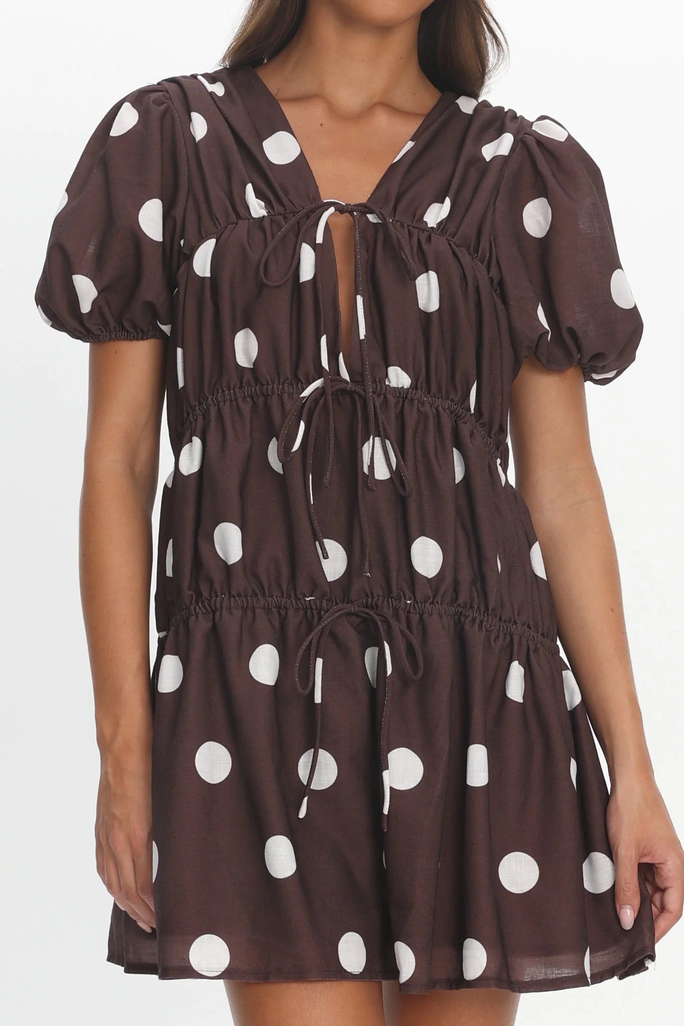 Antibes Tie Front Puff Sleeve Mini Dress Chocolate/White