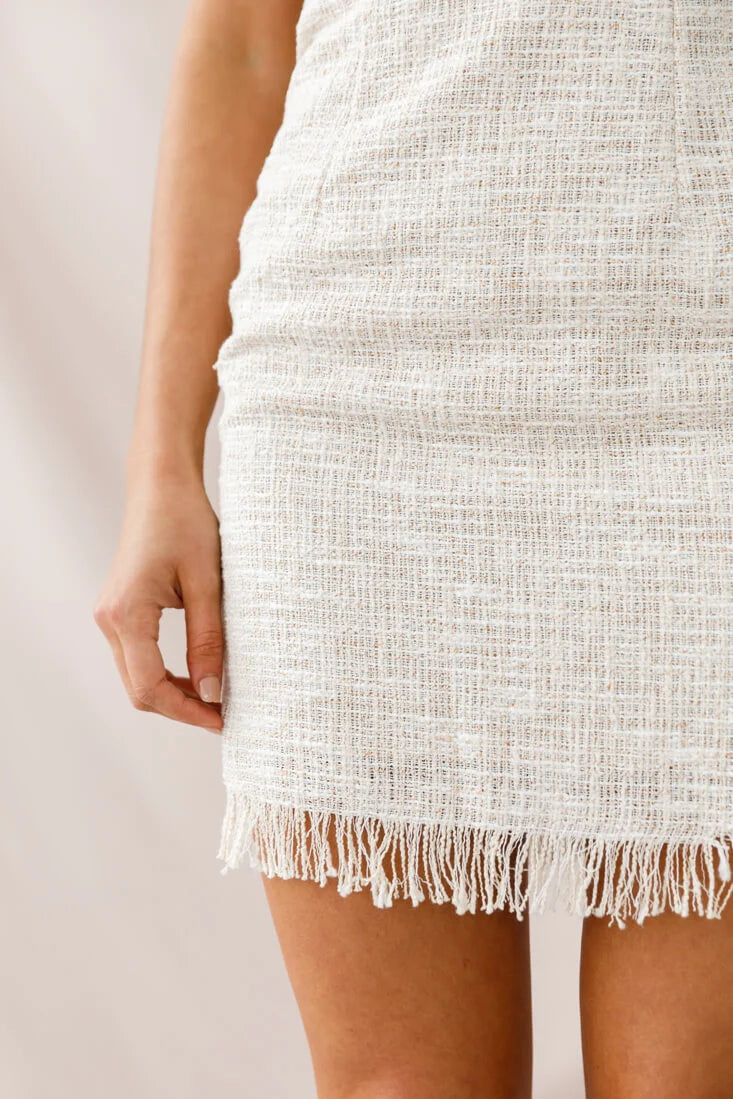 Edith Strapless Tweed Mini Dress Beige