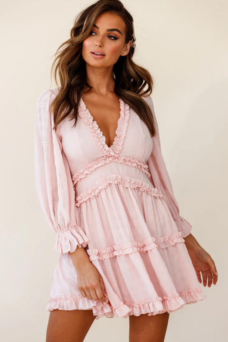 Laney Cutout Back Balloon Sleeve Dress Baby Pink