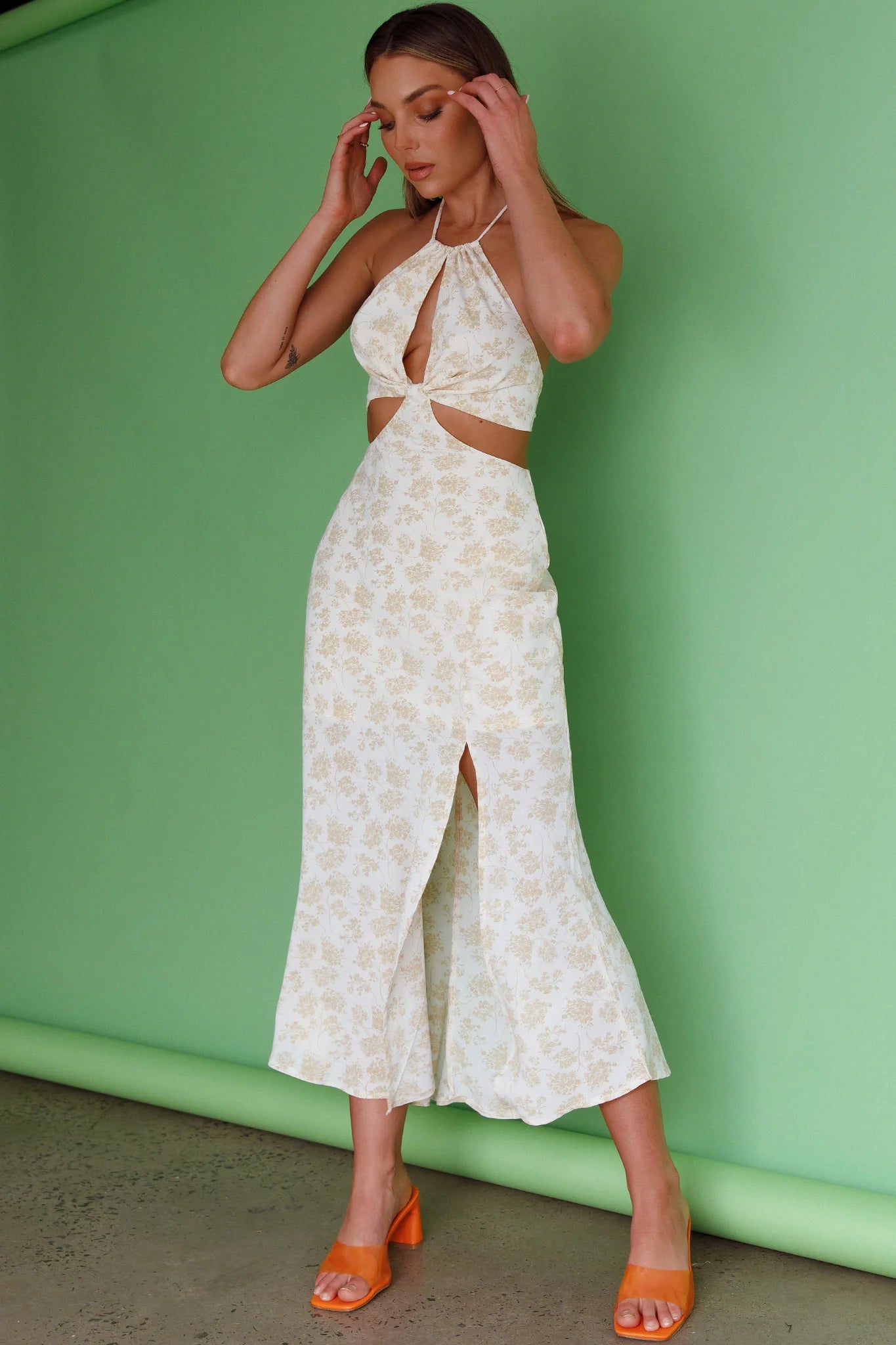 Rising Sun Cut-Out Bodice Dress Floral Print Yellow