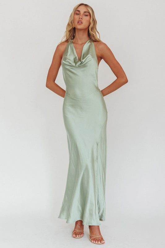 Element Tied Halter Maxi Dress Sage