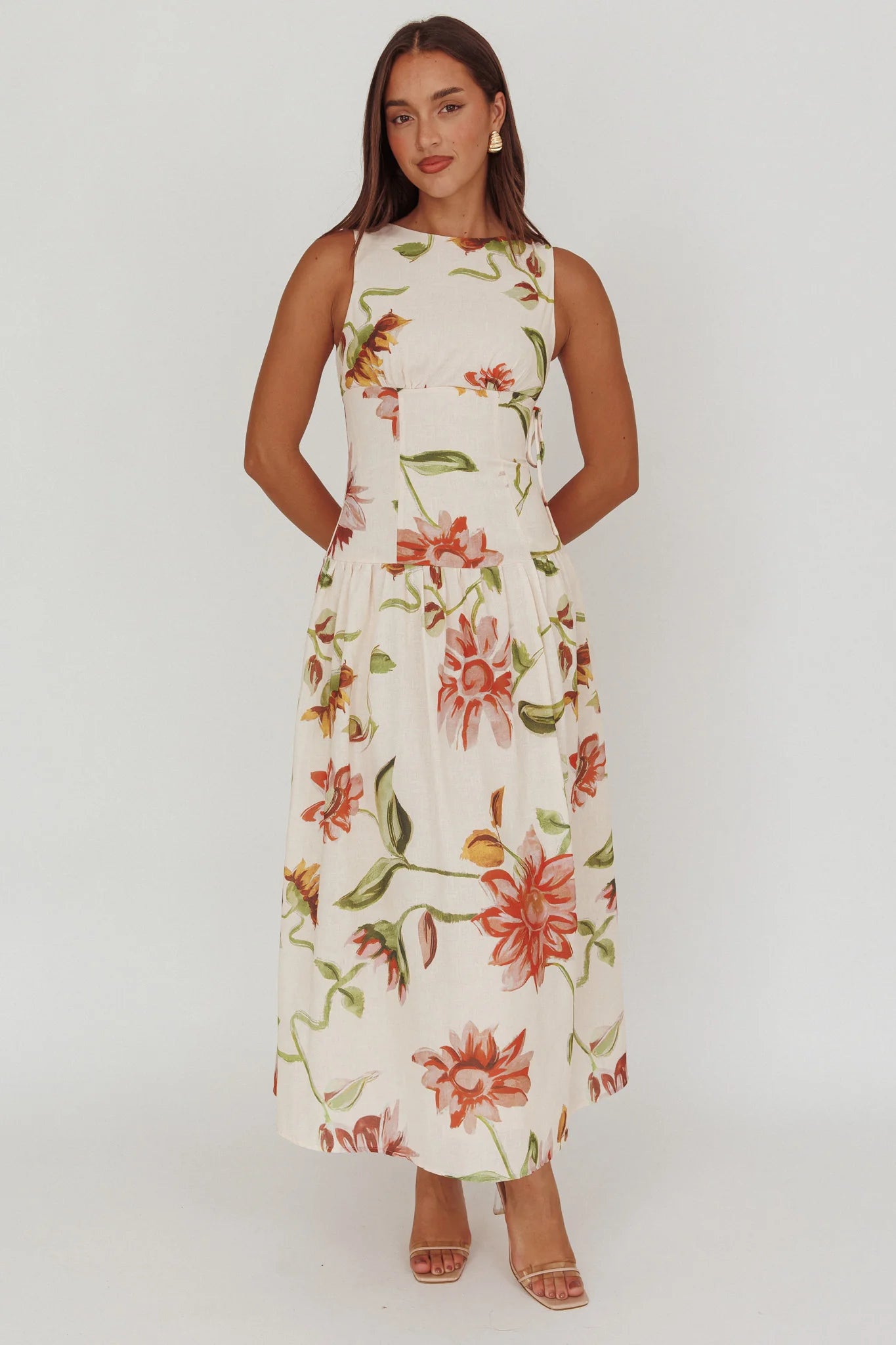Audraya Drop Waist Maxi Dress Floral Beige