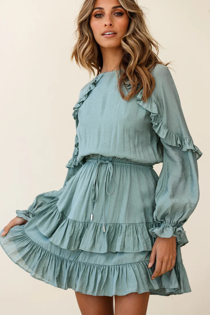 Best Wishes Long Sleeve Frill Detail Dress Olive