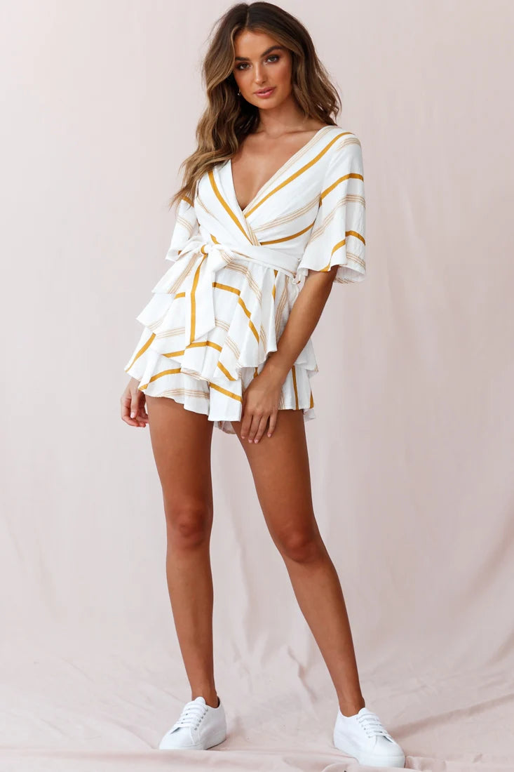 Happy Hour Deep V-Neckline Open Back Romper Stripe Print Mustard