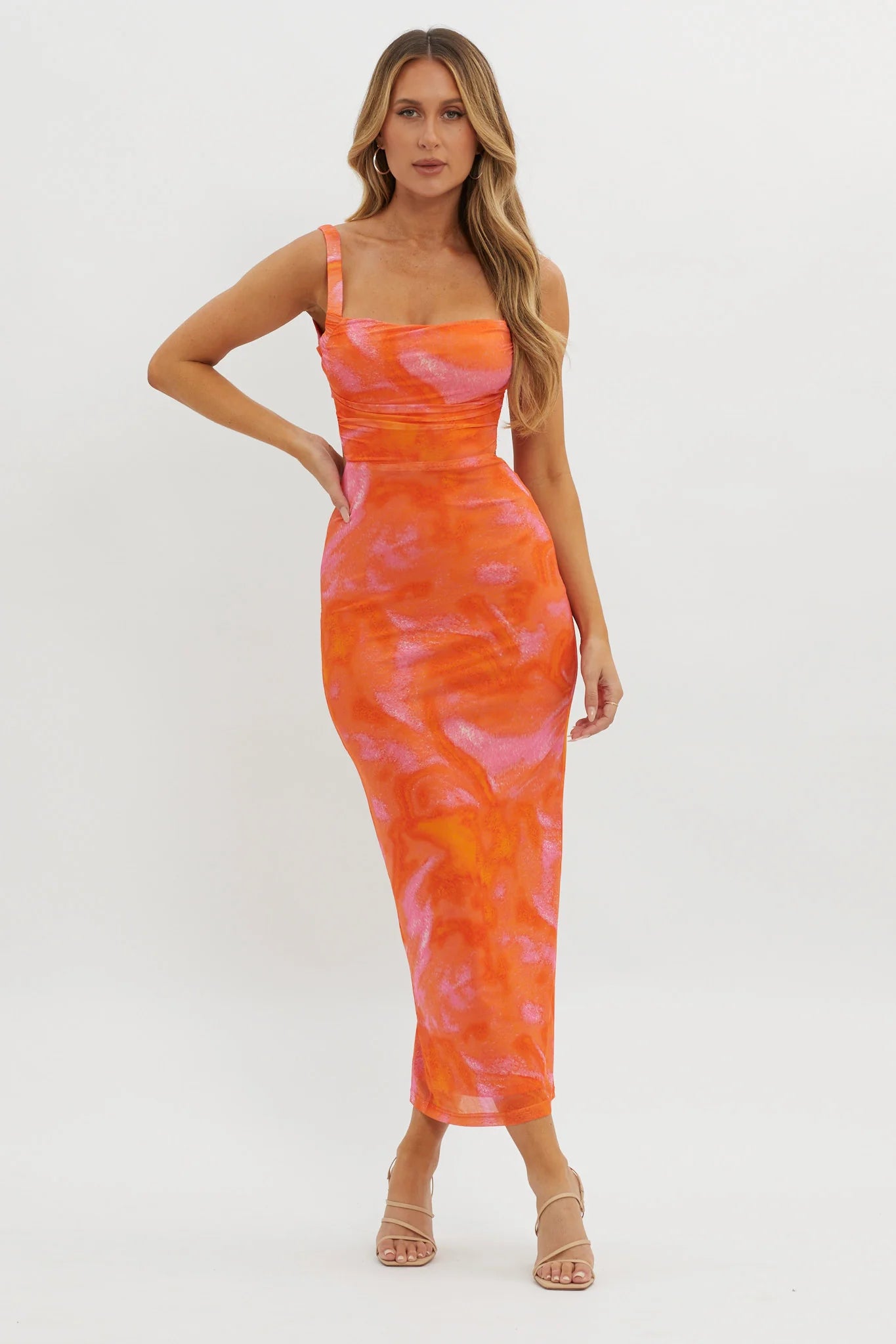 Dream Crush Lace-Up Back Side Split Maxi Dress Swirl Orange