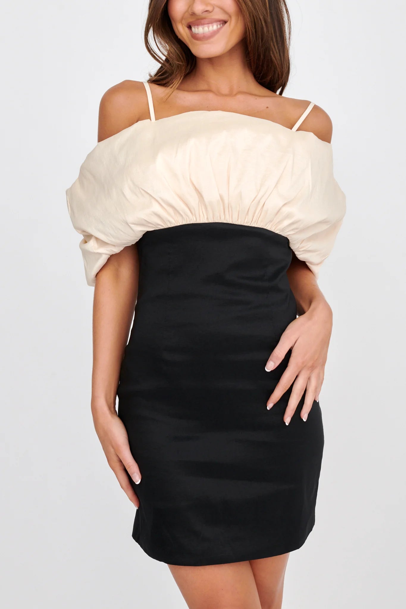 Cosima Puffed Neckline Mini Dress Black/Champagne