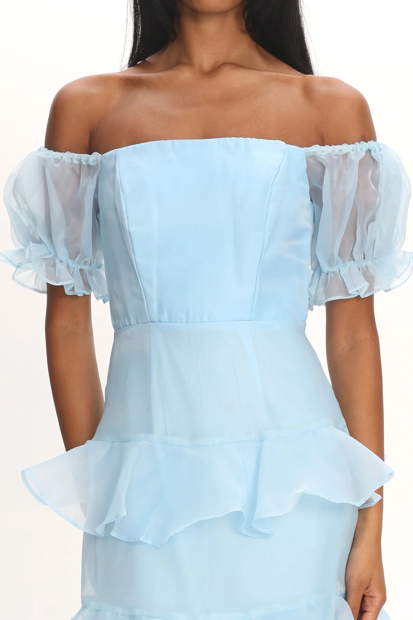 Delwynn Puff Sleeve Layered Midi Dress Blue