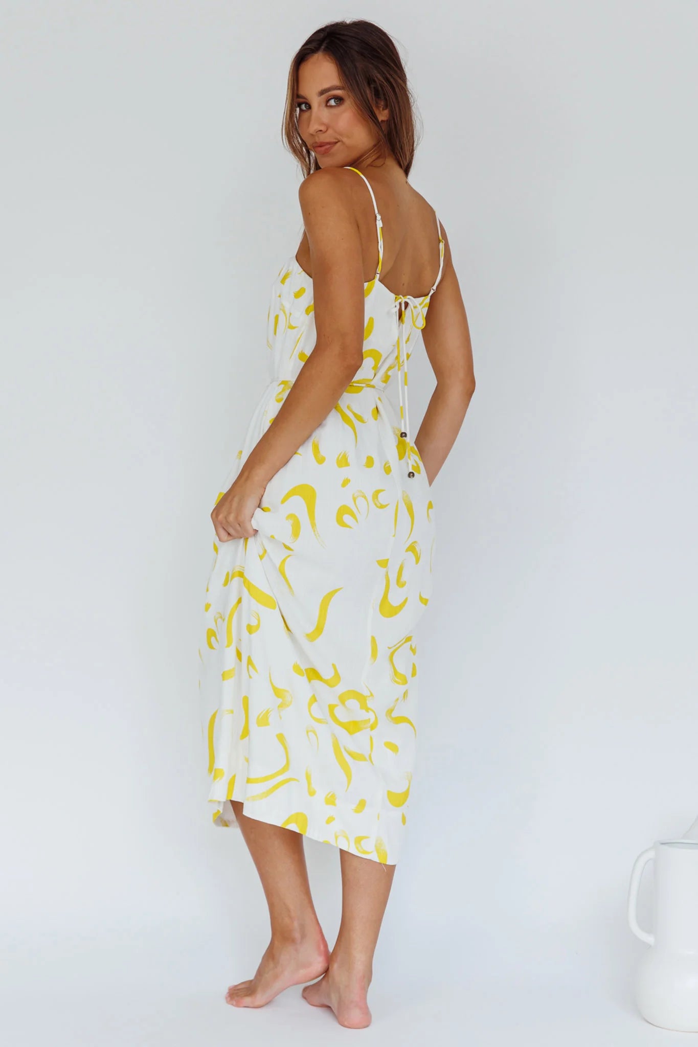 Rossy Waist Tie Midi Dress Printed Yellow