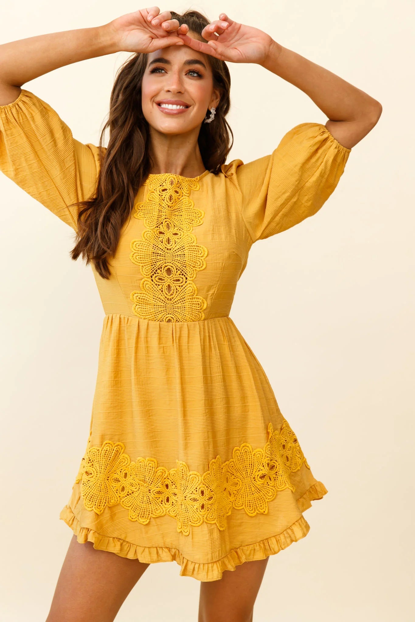 Sunday Morning Applique Embellished Open Back Dress Yellow