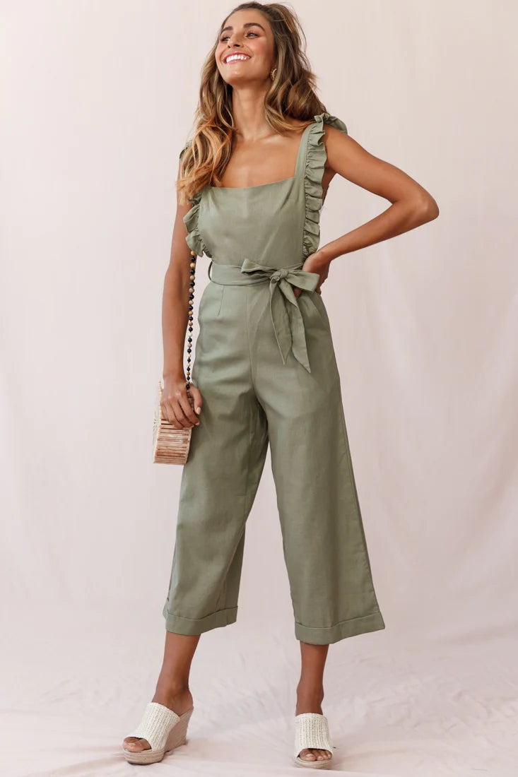 Serenade Ruffle Strap Pinafore Jumpsuit Olive