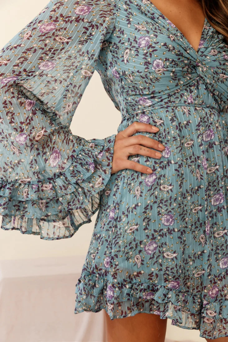 Perri Bell Sleeve Twist Knot Bust Dress Paisley Print Midnight Blue