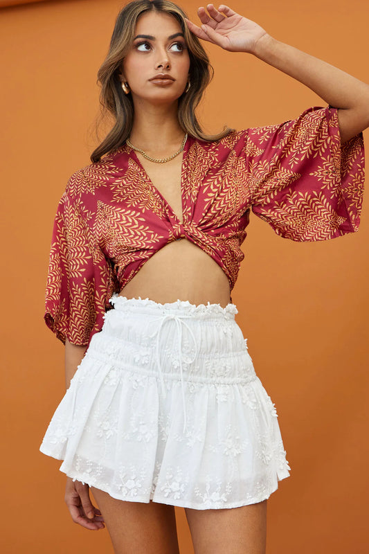 Rivera Deep-V Waist-Tie Top Leaf Print Wine