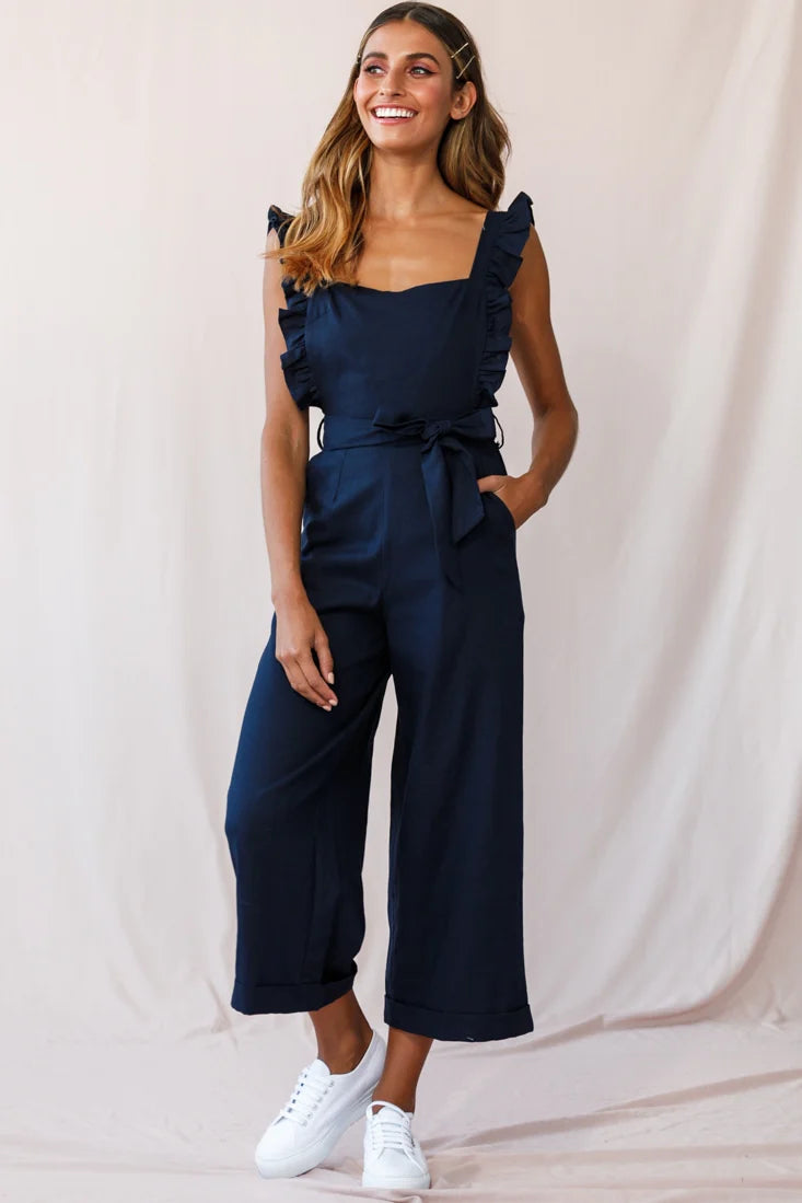 Serenade Ruffle Strap Pinafore Jumpsuit Navy