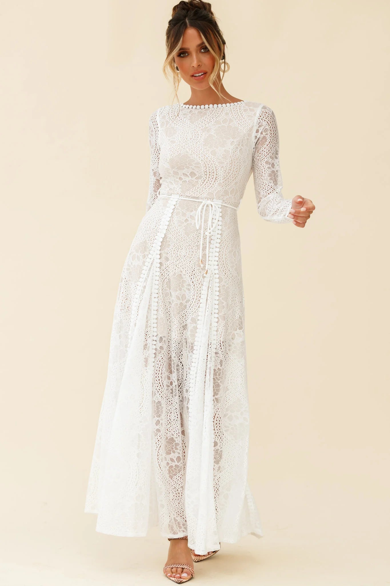 Palm Springs Long Sleeve Lace Overlay Maxi Dress White