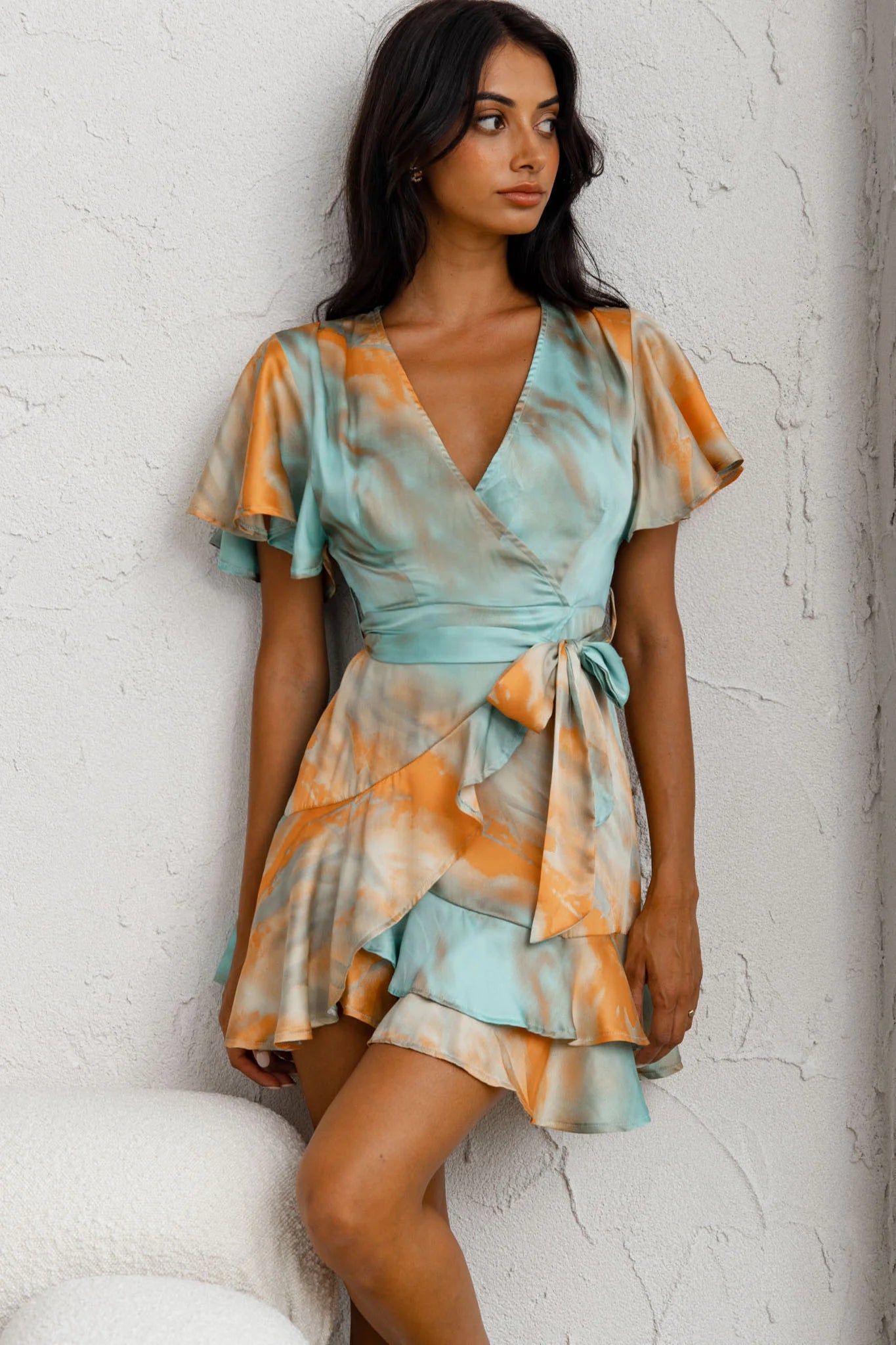 Cami Angel Sleeve Faux Wrap Dress Tie-Dye Print Aqua/Orange