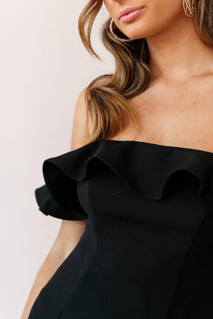Ondine Bardot Neckline Fluted Hem Dress Black