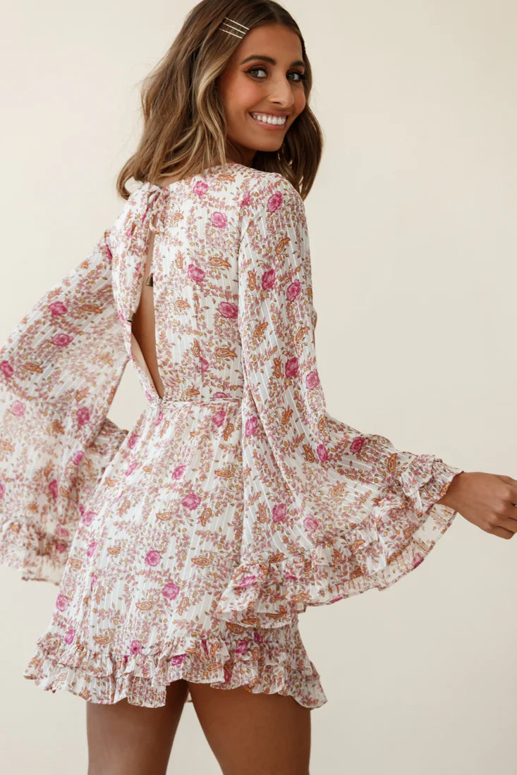 Perri Bell Sleeve Twist Knot Bust Dress Paisley Print Beige