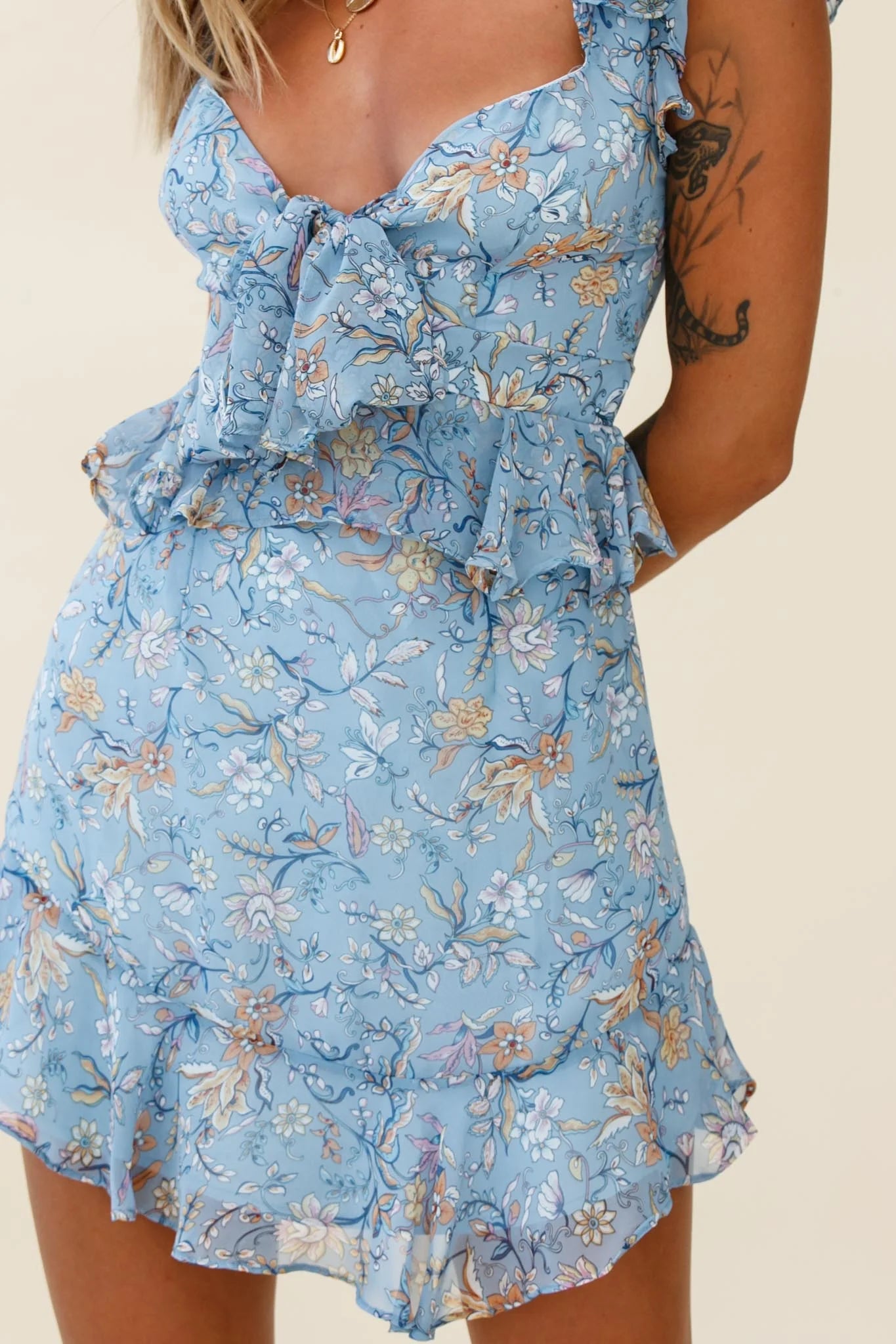 Say That Again Bust Tie Ruffle Trim Dress Floral Print Blue