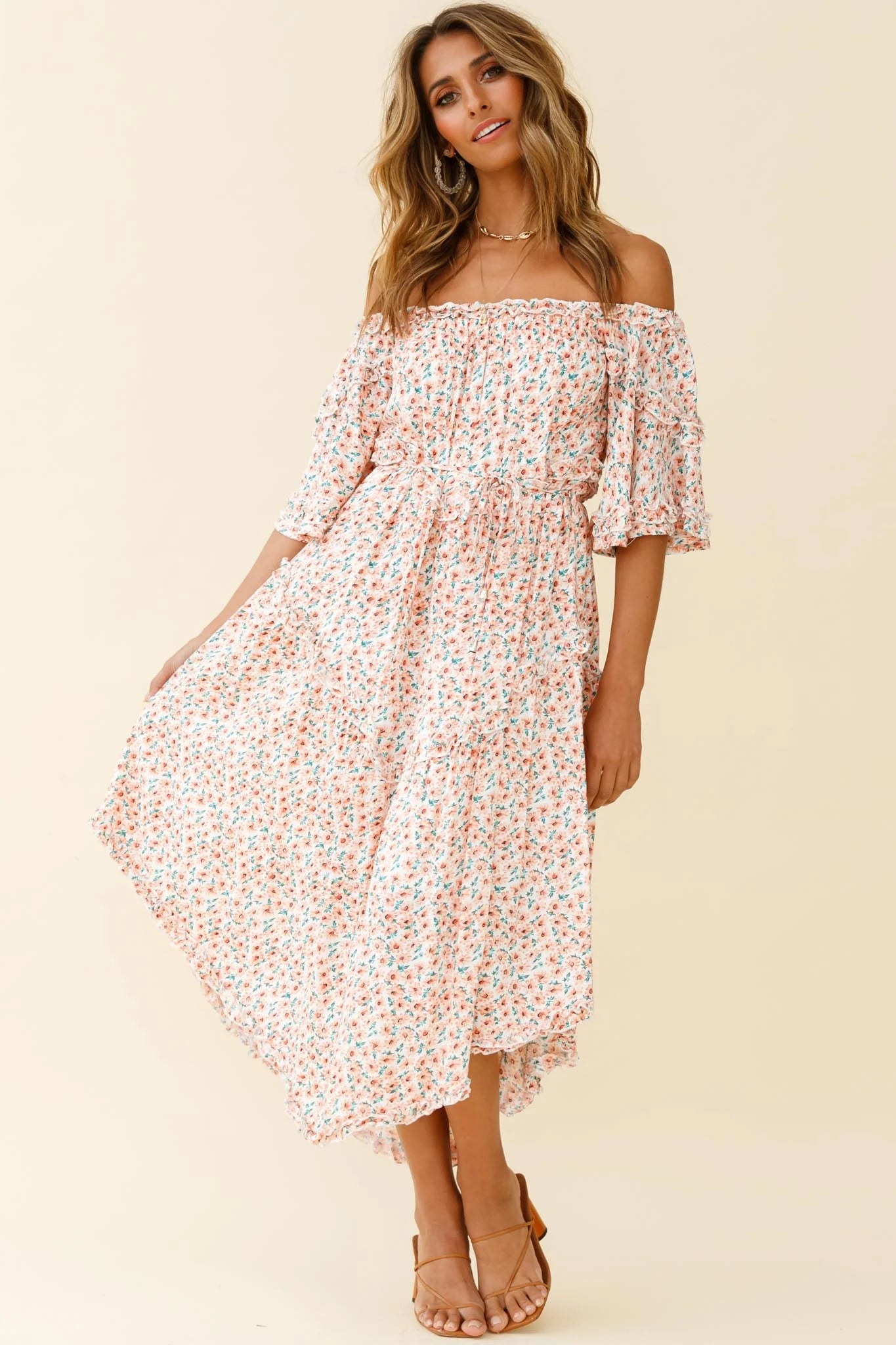 Renoir Off-Shoulder Frill Trim Dress Floral Print Pink
